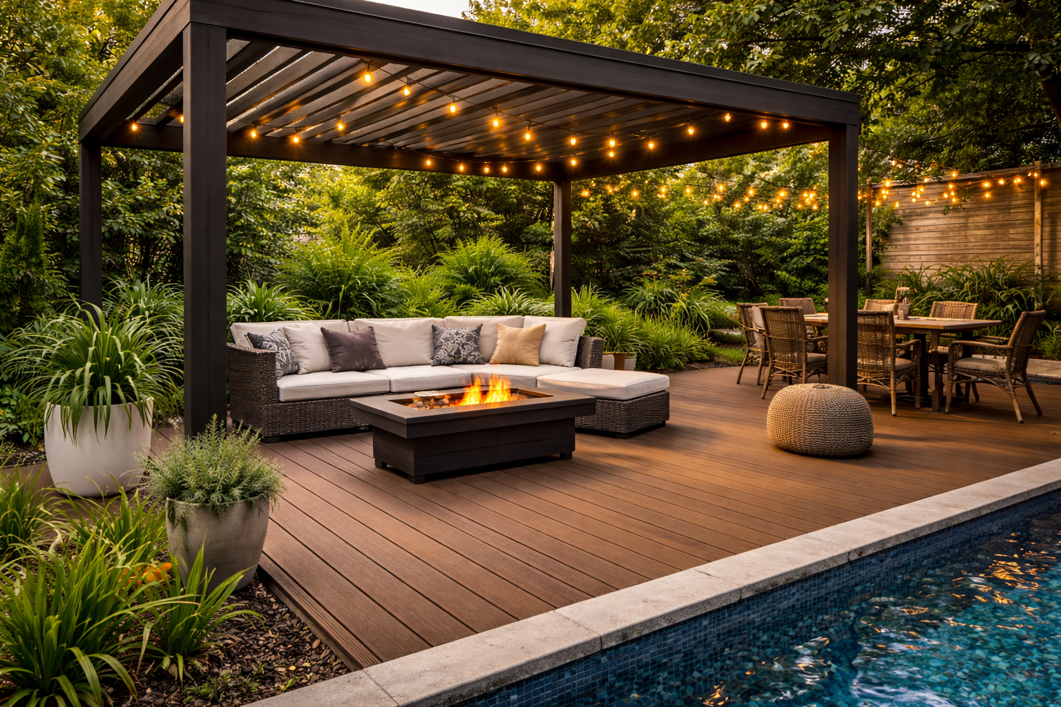 Pergola altında tasarlanmış modern deck alanı
