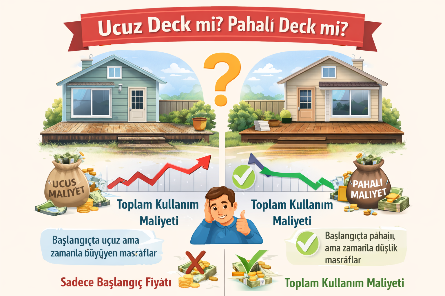Ucuz deck ve pahalı deck toplam maliyet karşılaştırması infografiği