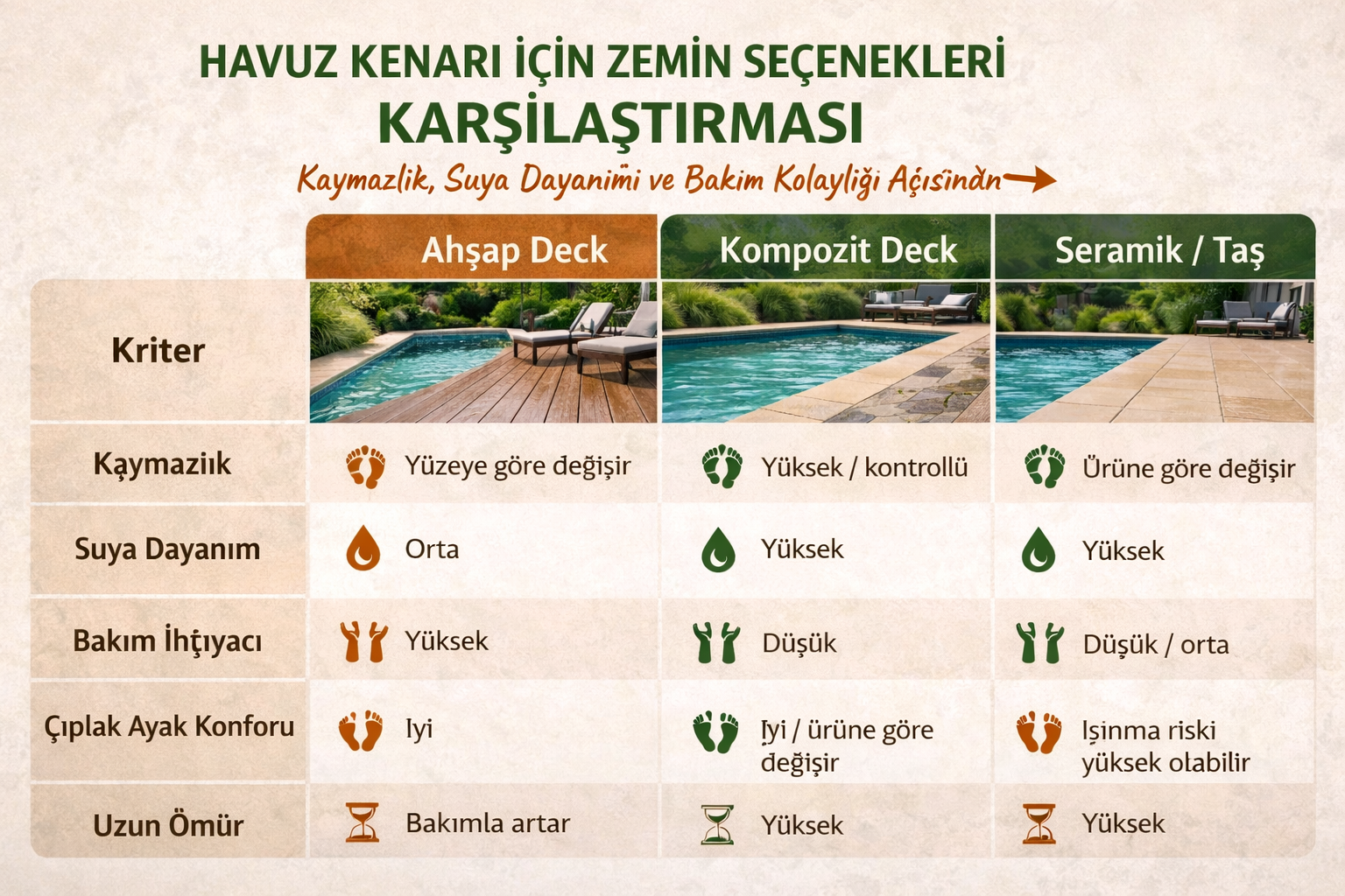 Havuz kenarı zemin karşılaştırma infografiği